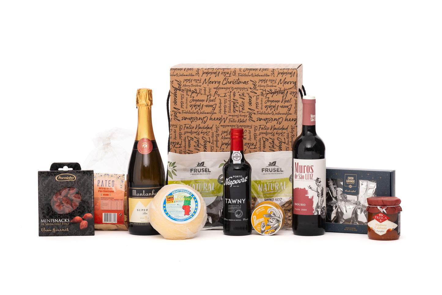 Celebre com o Cabaz Celebração, uma seleção de produtos portugueses de alta qualidade. Inclui Vinho Tinto Muros São Luiz, Espumante Montanha e Vinho do Porto Niepoort. Para os aperitivos, há Queijo de Vaca Fonte Mourisca, Salsichão e Patê de Sardinha. E para terminar, Doce de Abóbora, Nozes, Uvas Passas e Bombons. Uma combinação de sabores perfeita para as suas festas.