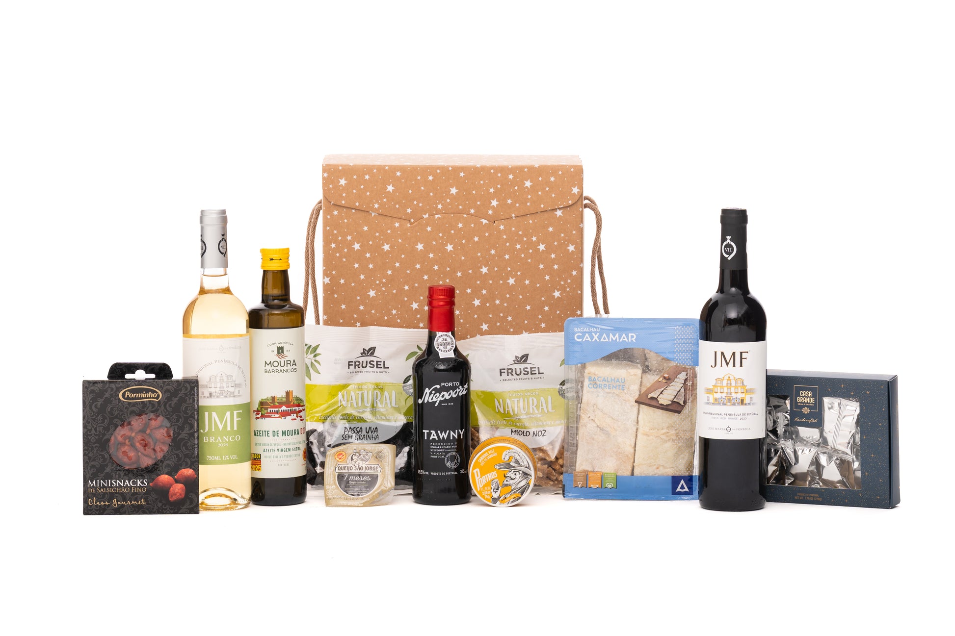 Celebre as festas com o Cabaz Gaspar, uma seleção premium de sabores portugueses. Inclui os vinhos JMF VR Setúbal e Porto Niepoort, o tradicional Bacalhau Corrente, e aperitivos como Queijo São Jorge e Salsichão. Para a sobremesa, desfrute de Nozes, Uvas Passas e Bombons. Um cabaz completo, ideal para qualquer celebração de Natal.